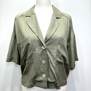 Mittoshop Cropped Blouse Olive Green Notched Collar Button Front Short Sleeve